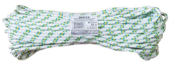 Фал капроновый плетеный 16-ти прядный с сердечником 6 мм х 20 м, р/н= 650 кгс FIT 68426