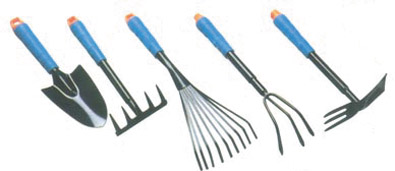 Садово-огородный набор (совок широкий, грабельки ручные, грабельки веерные, рыхлитель, мотыга), синие пластиковые ручки, 5 шт. FIT 77078